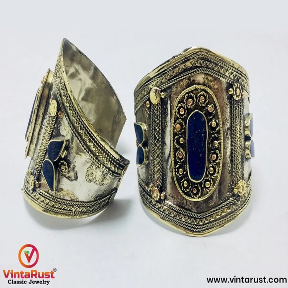 Single Vintage Kuchi Cuff Bracelet: Afghani Tribal Jewelry Inlaid with Stones - Picture 2 of 7